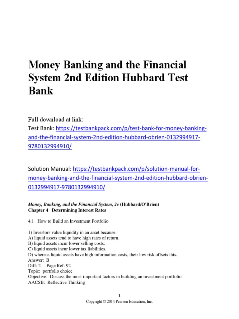 Money Banking and The Financial System 2nd Edition Hubbard Test Bank 1