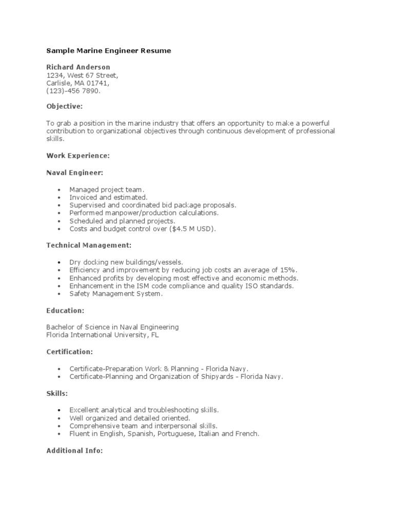 Sample Marine Engineer Resume