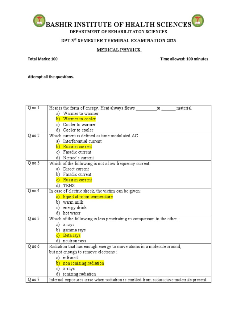 Medical Physics Exam Questions 2023 | PDF | Science & Mathematics