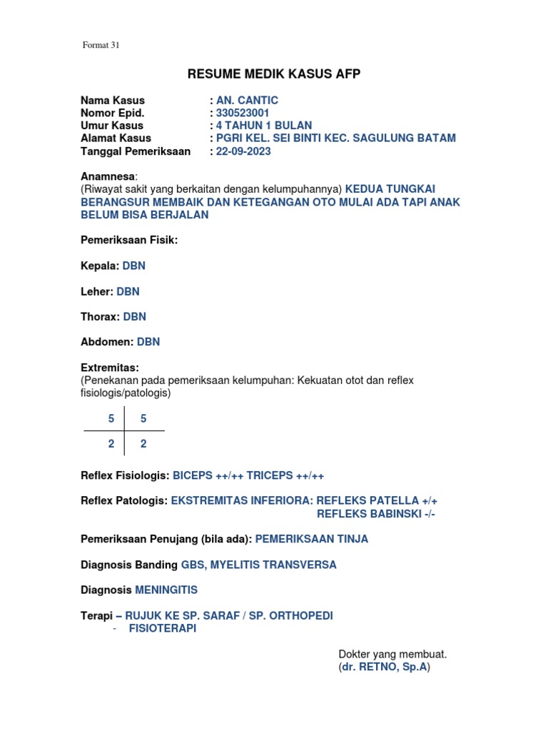 Form FP-3 Resume Medik Kasus AFP | PDF