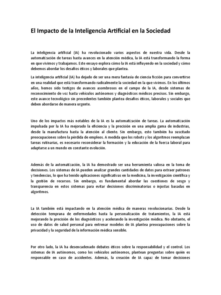 Impacto de la IA en la Sociedad Actual | PDF | Inteligencia artificial ...