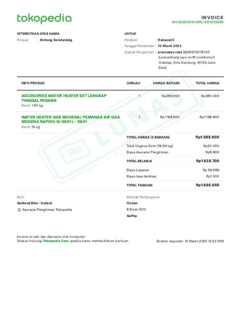 Invoice Pembelian Water Heater Modena | PDF