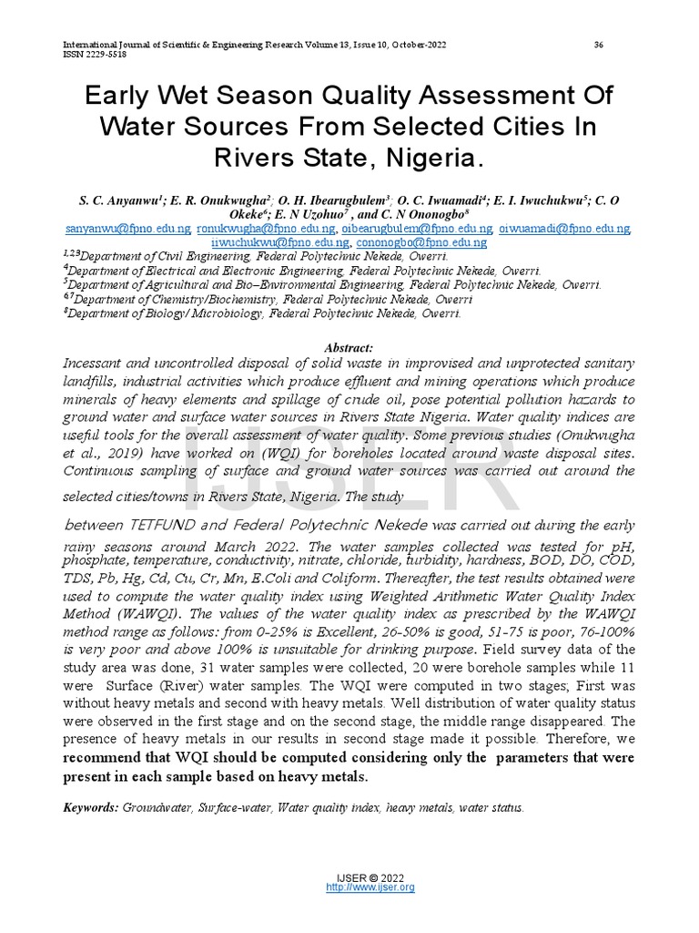 Water Quality Assessment in Rivers State | PDF | Water | Water Quality