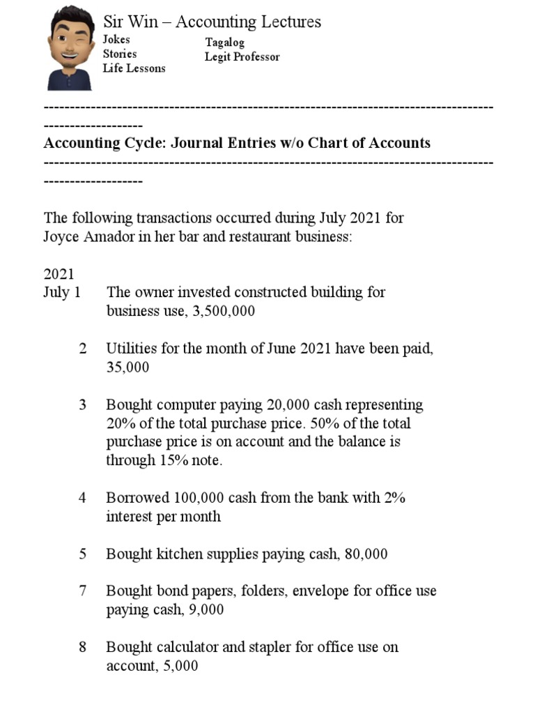 Accounting Cycle Journal Entries Without Chart of Accounts Case III