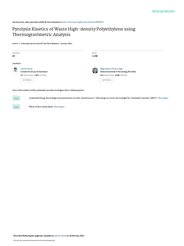 Pyrolysis Kinetics of Waste High-Density Polyethylene Using ...