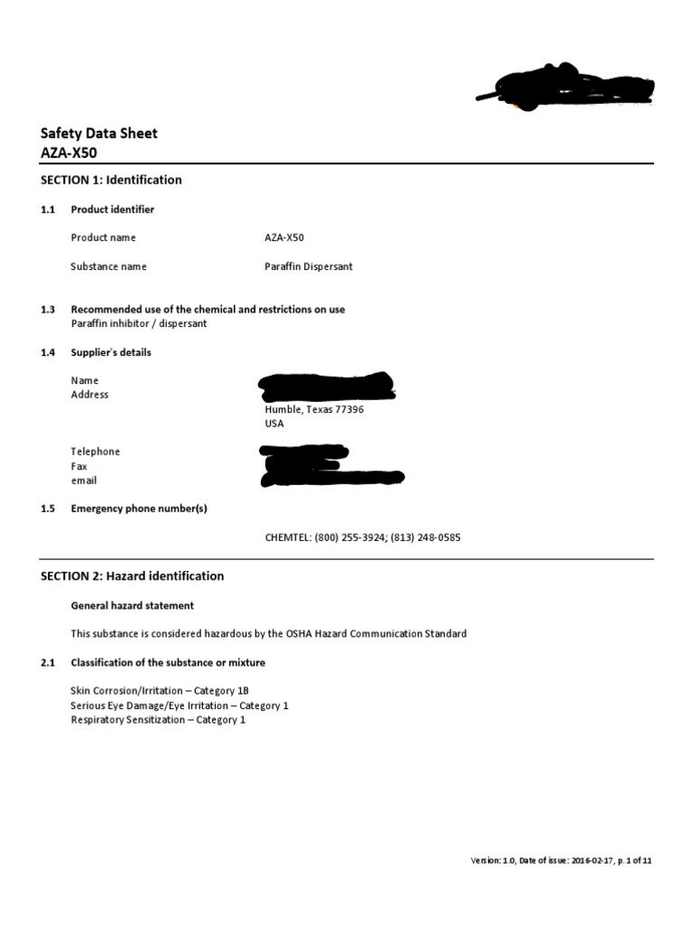 AZA-X50 Safety Data Sheet Overview | PDF | Dangerous Goods | Working ...