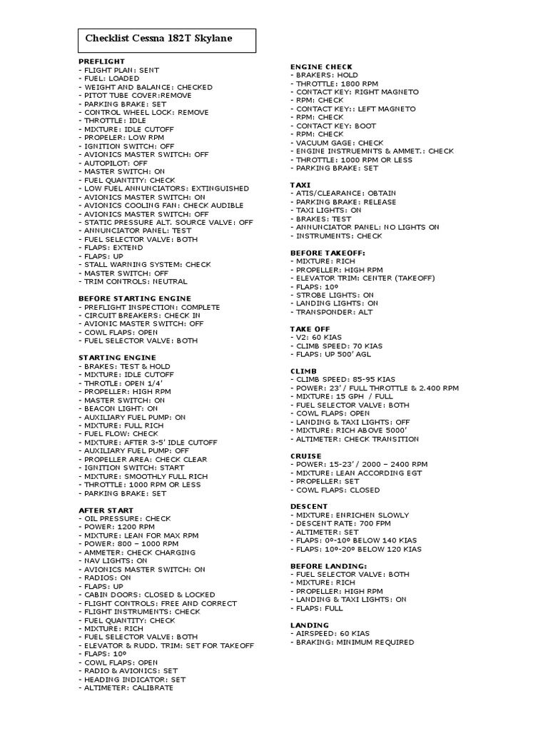 Cessna 182T Preflight Checklist | PDF