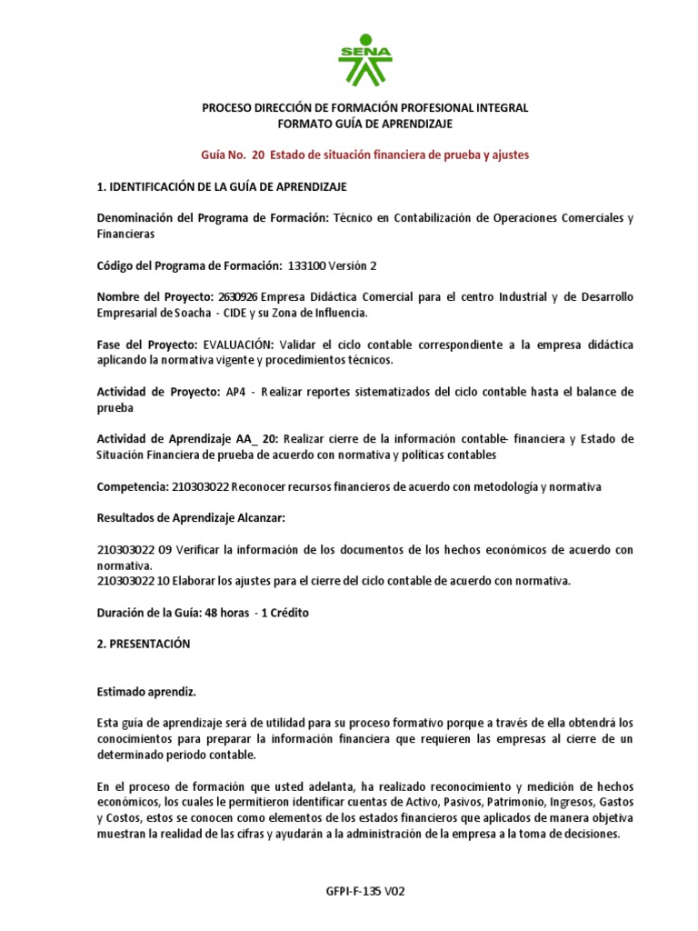 GUIA 20 Estado de Situación Financiera de Prueba y Ajustes | PDF ...
