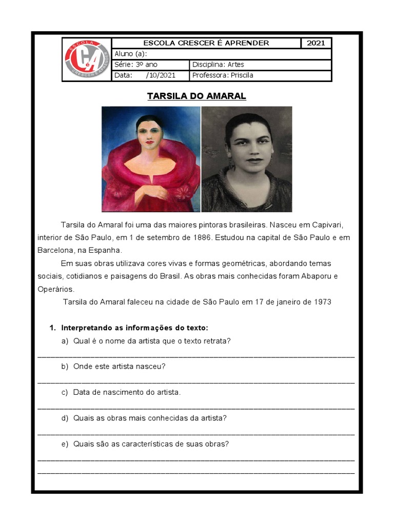 Atividade de Artes Tarsila Do Amaral 3º Ano | PDF
