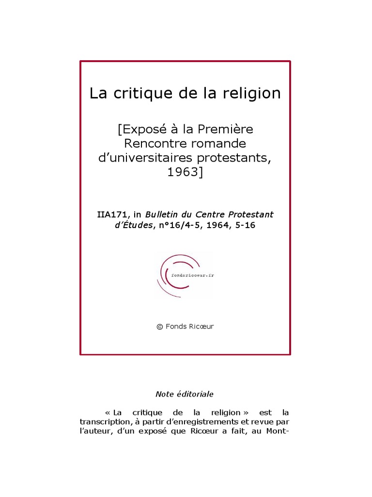 Critique de la religion par Ricœur | PDF | Herméneutiques | Sigmund Freud