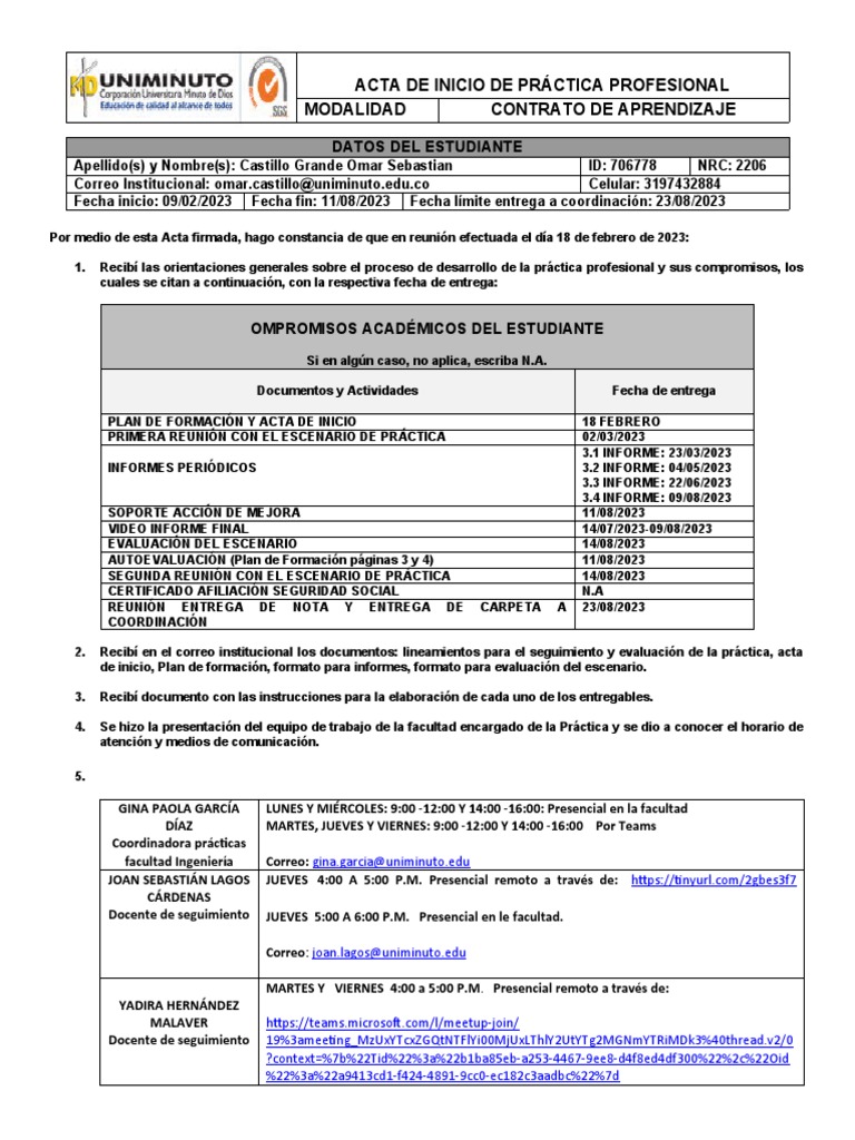 Acta de Inicio Práctica Profesional 7b | PDF