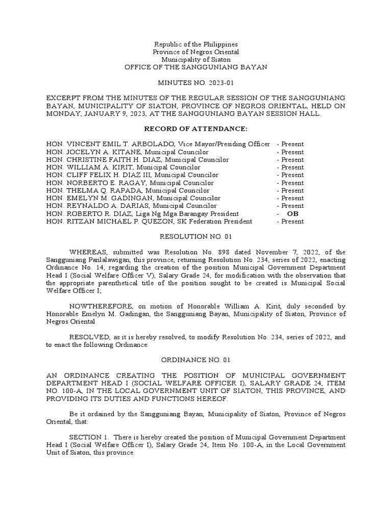 Minutes No. 2023-01 (Creation-Mswdo) | PDF | Philippines | Governance