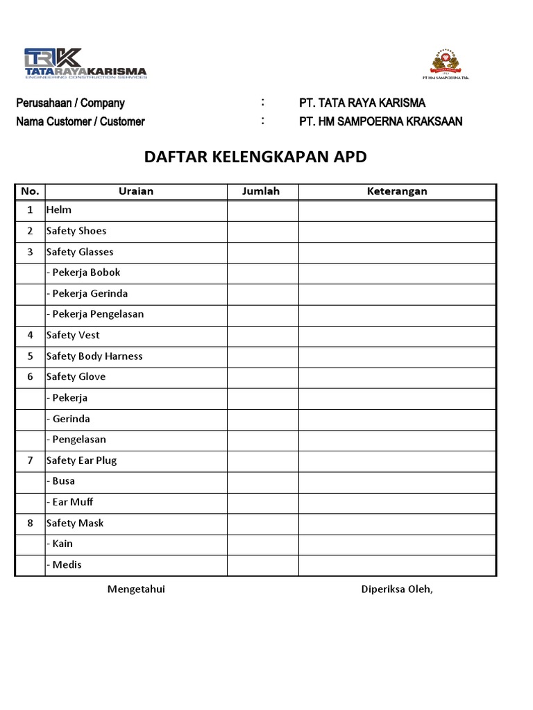 Daftar Lengkap APD dan K3 PT. HM Sampoerna | PDF