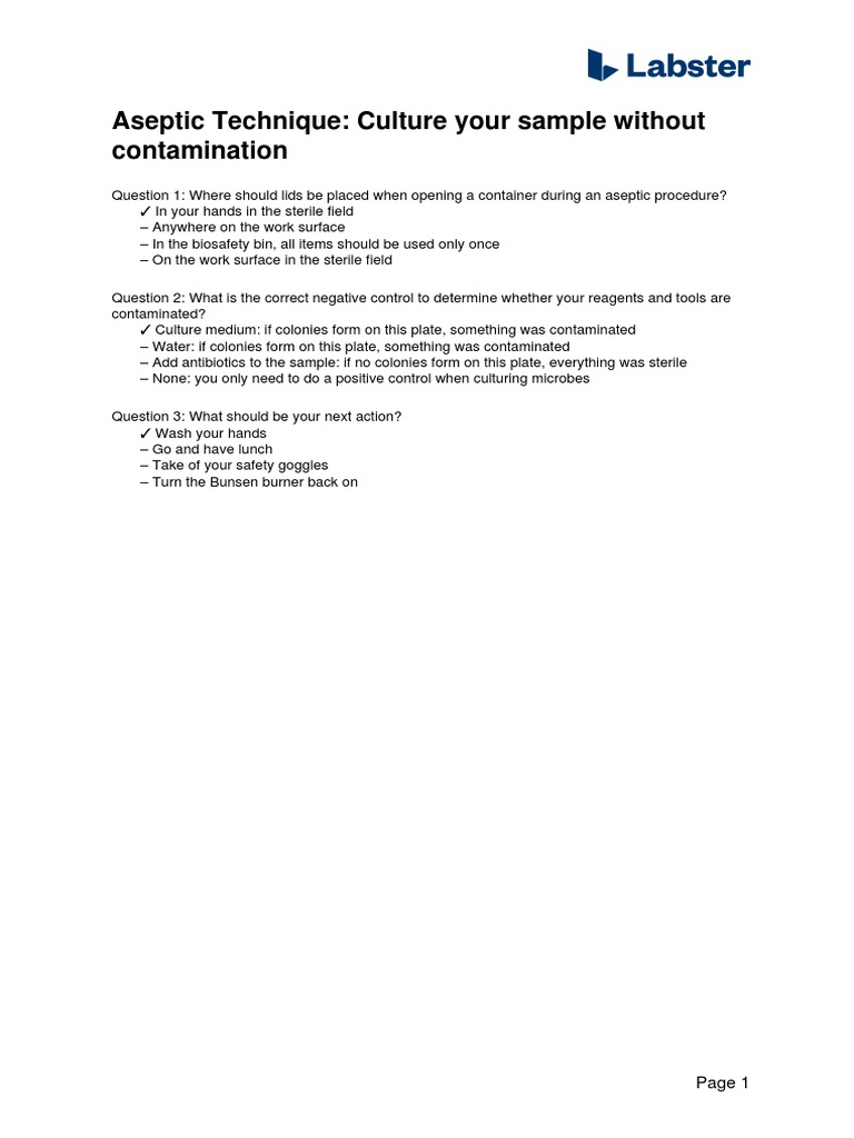 Questions aseptic technique culture your sample without contamination pdf