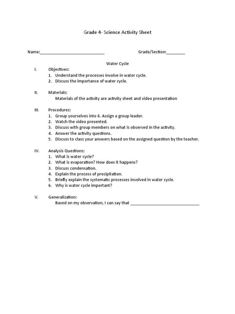 Grade 4 Water Cycle Activity Sheet | PDF
