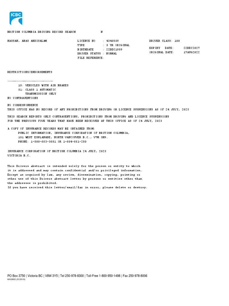 BC Driver Abstract Report | PDF
