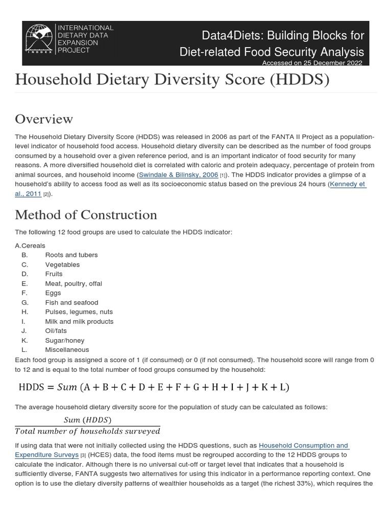 Household Dietary Diversity Score Overview | PDF | Food Security ...
