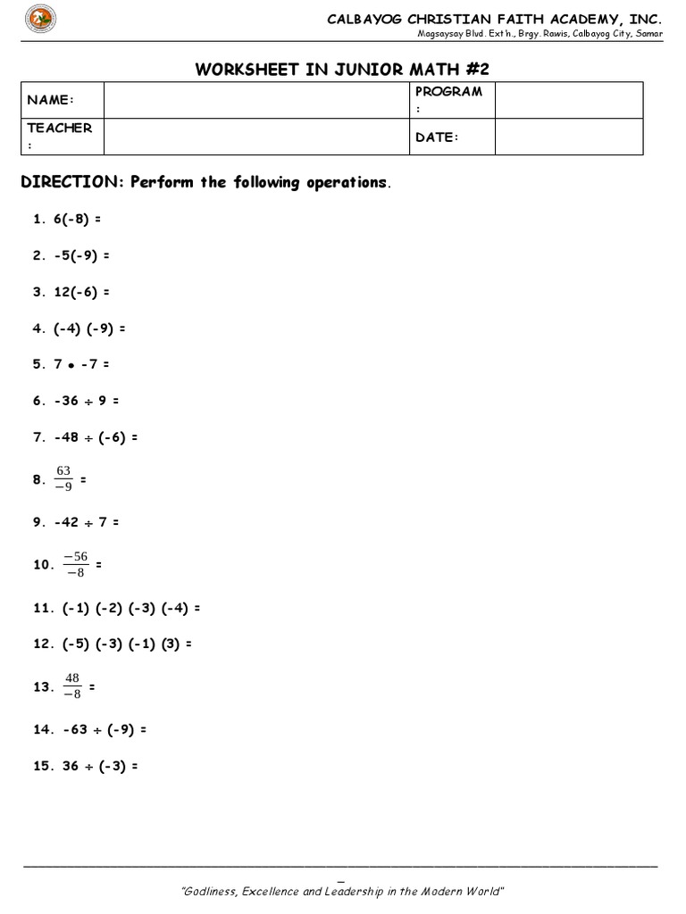 Worksheet 2 - Junior Math | PDF