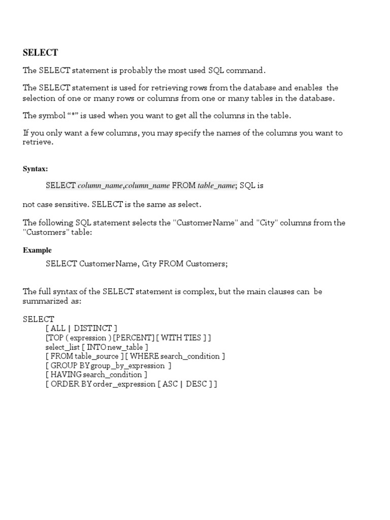 SQL SELECT Statement Overview | PDF | Software Engineering | Databases