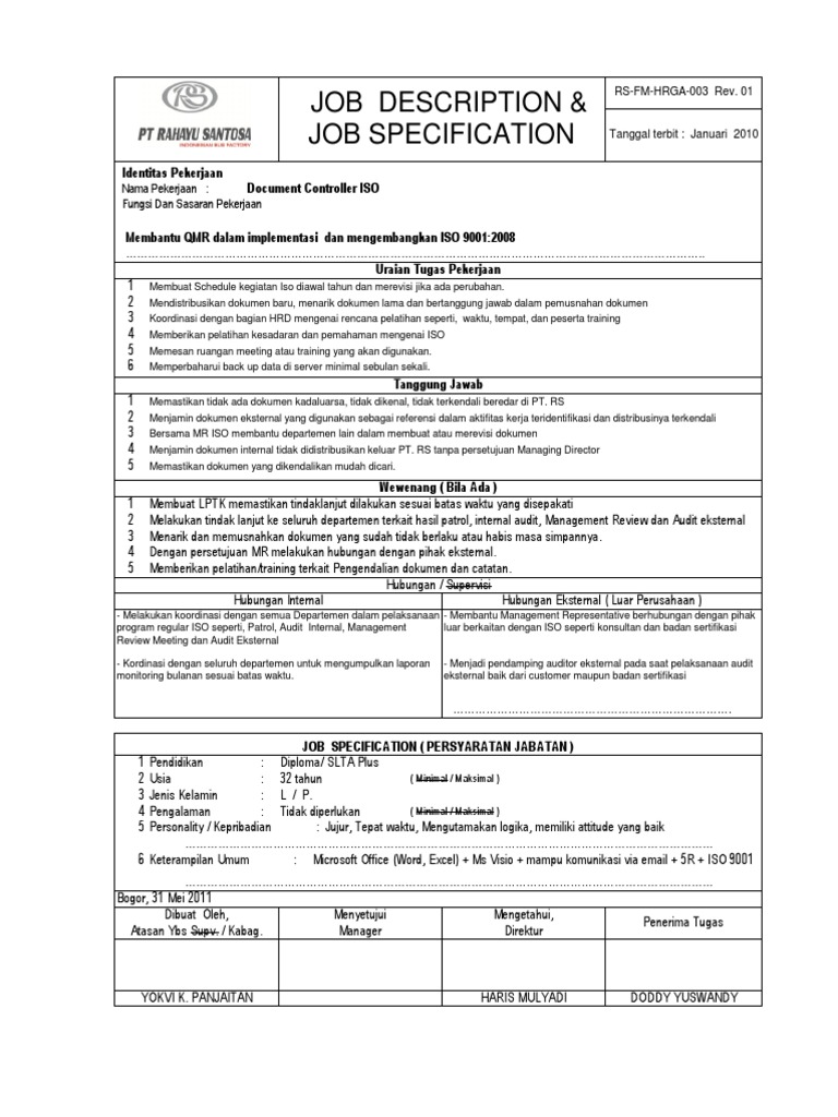 Contoh Job Description Dan Job Specification Berbagai Contoh