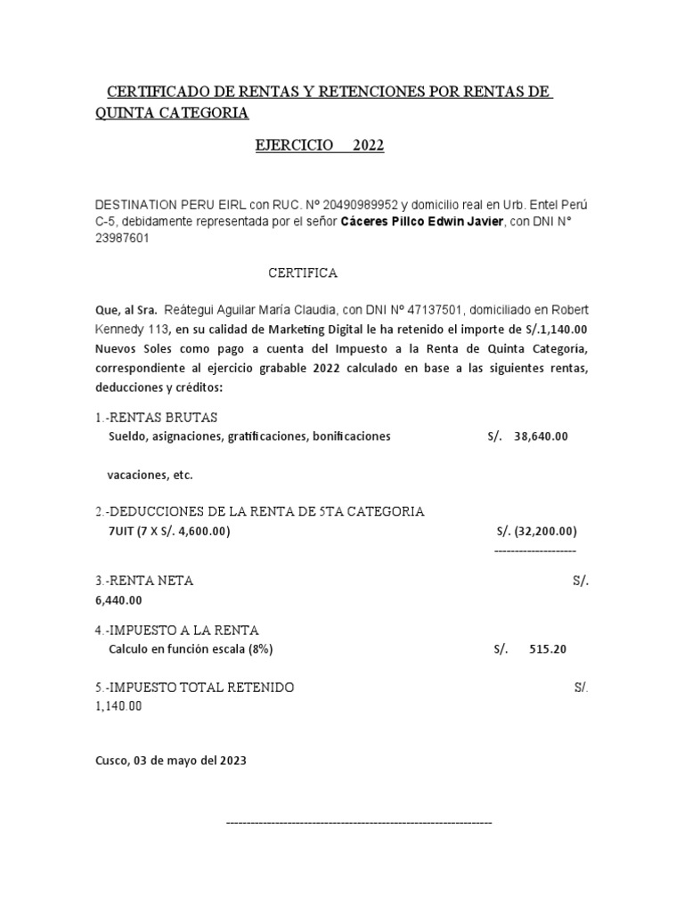 Certificado de Rentas 2022 - Quinta Categoría | PDF