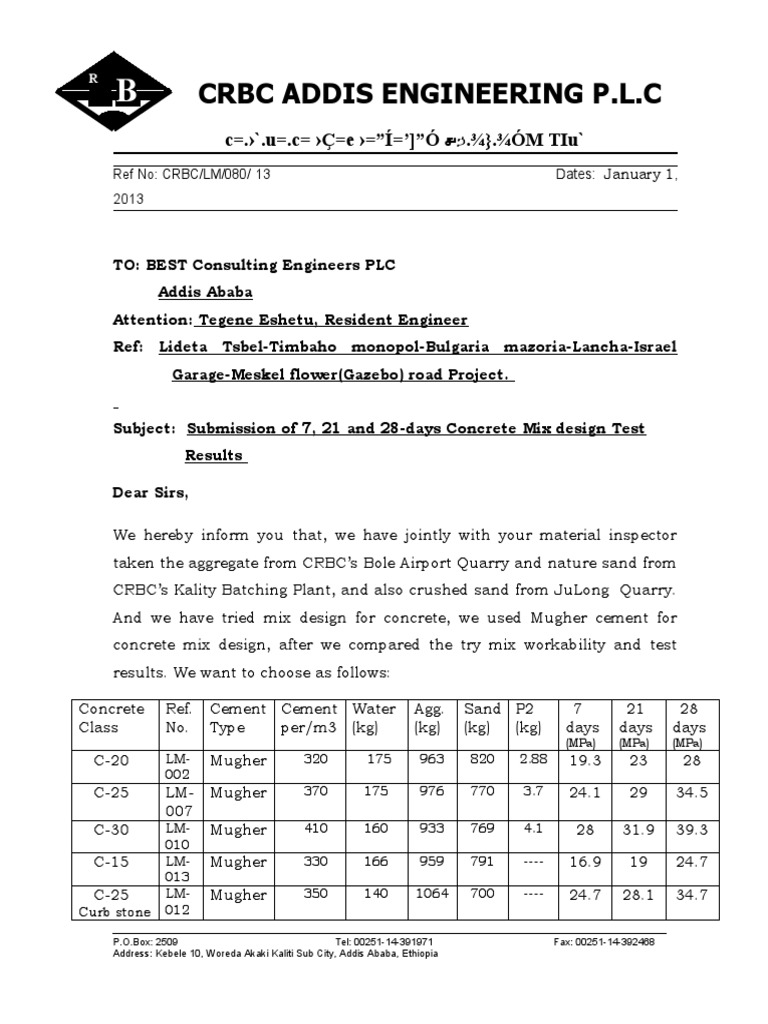 Submission of 7, 21 and 28Days Concrete Mix Design Test PDF