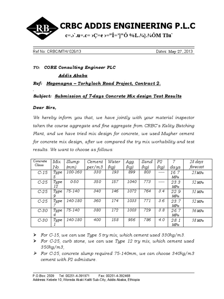Submission of 7Days Concrete Mix Design Test Results PDF Concrete