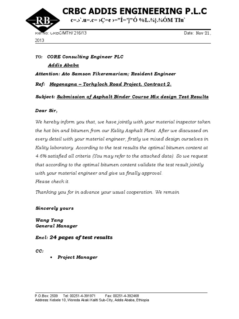 Submission of Asphalt Binder Course Mix Design Test Results PDF