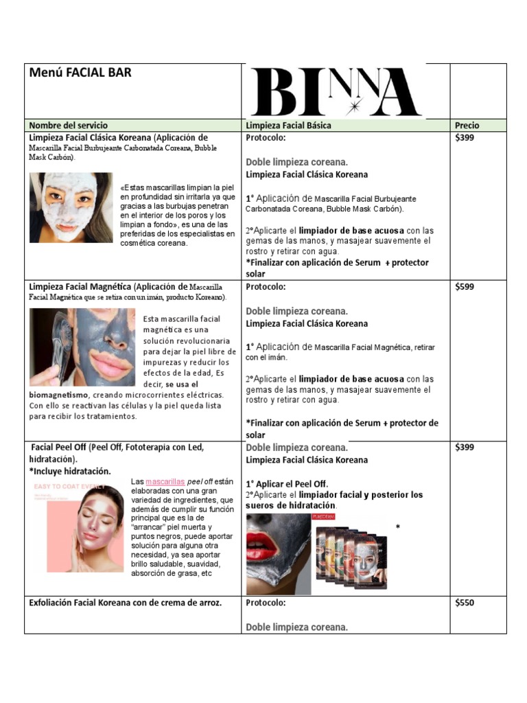 Menú Facial Bar Binna | PDF