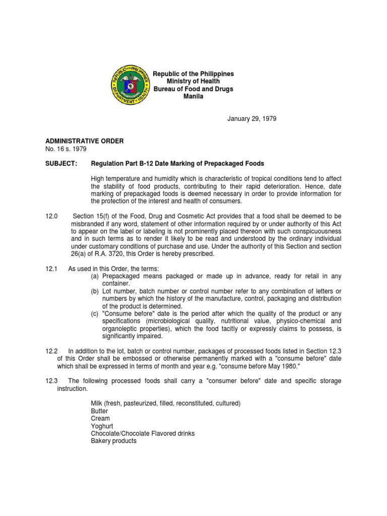 AO 16 S 1979 Date Marking of Prepacked Foods PDF Convenience Food