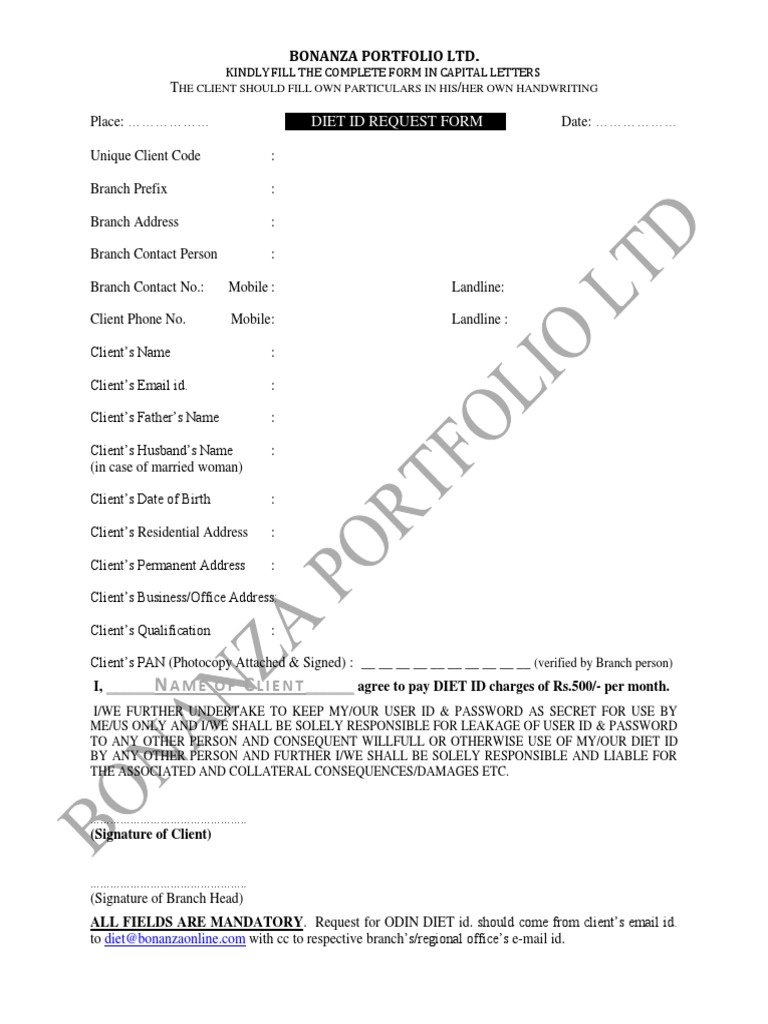 Bonanza equity odin diet id request form pdf