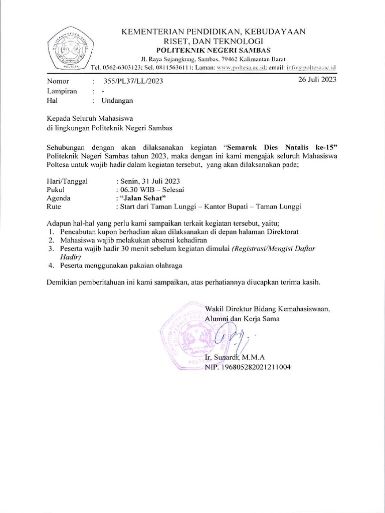 Surat Pemberitahun Jalan Sehat Seluruh Mahasiswa | PDF