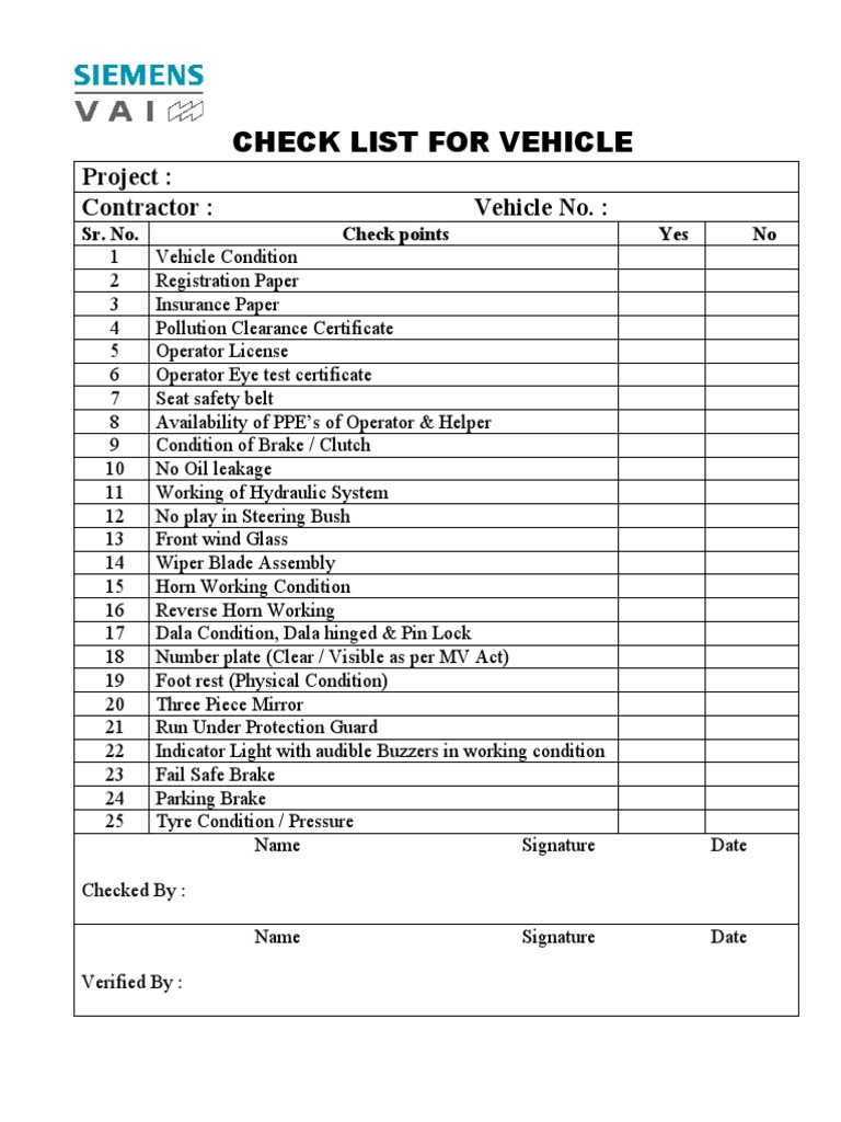 Daily Check List For Vehicle | PDF