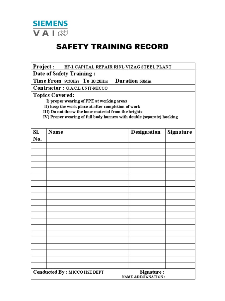 Safety Training Record PDF
