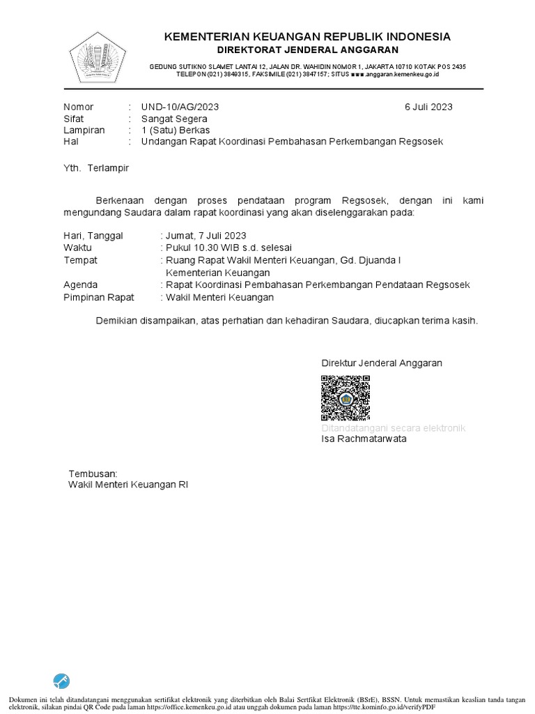 Undangan Rapat Koordinasi Pembahasan Perkembangan Pendataan Regsosek | PDF