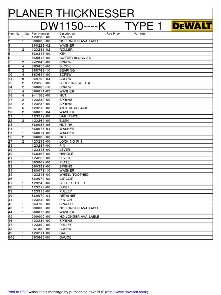 DW1150 Parts List | PDF