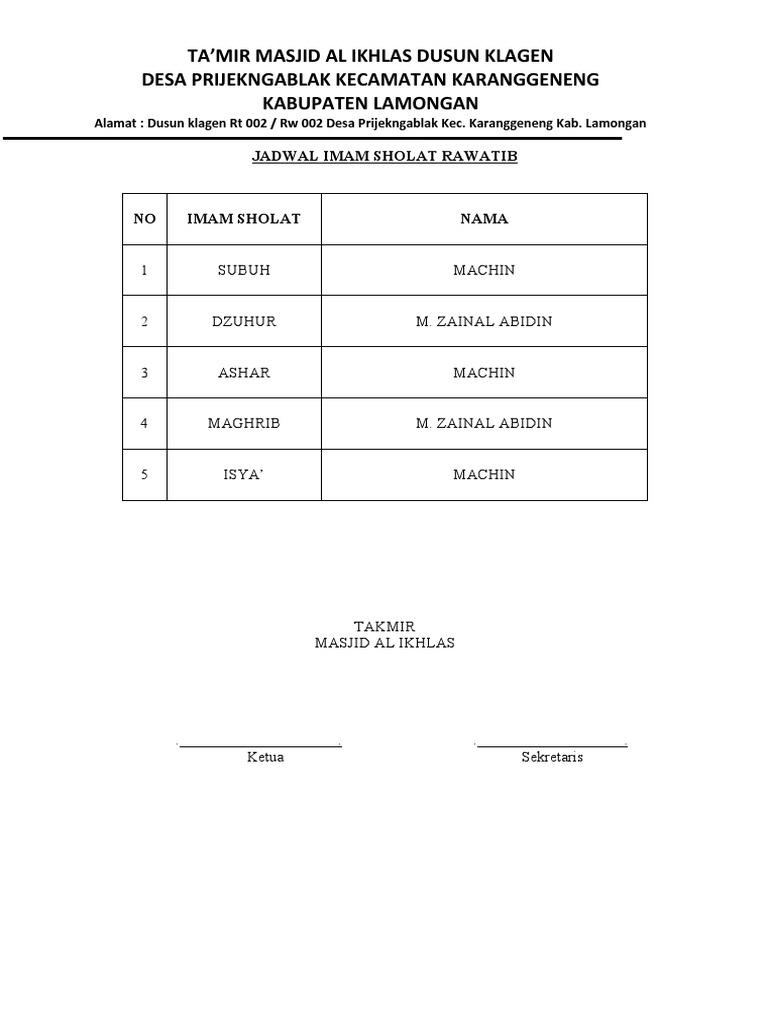 Jadwal Imam Sholat Rawatib Pdf