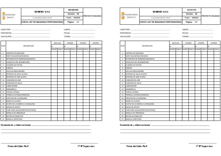 Check List de Maq. Perf. Alimak | PDF