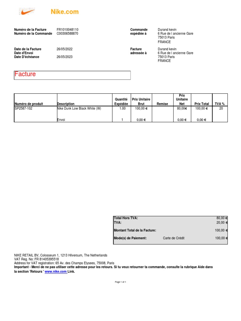 Facture Nike - Commande C00306588870 | PDF