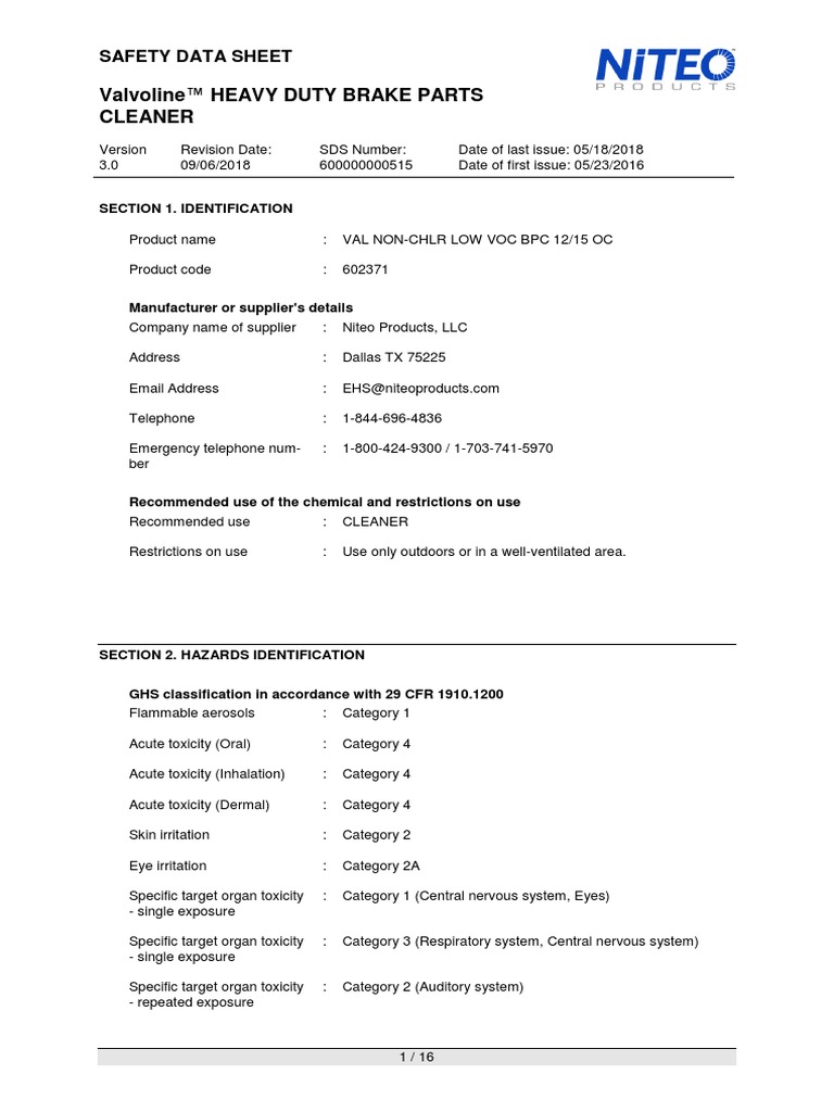 brake cleaner SDS PDF