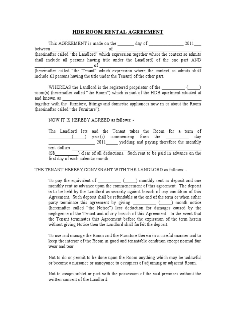 HDB Room Rental Agreement Template | PDF