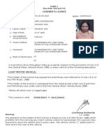 Learner'S Licence: Form 3 (See Rule 3 (A) and 13)