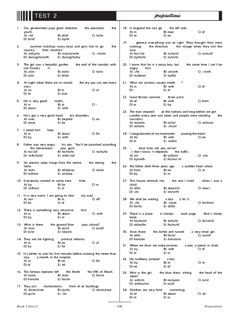 Prepositions Test and Answers | PDF