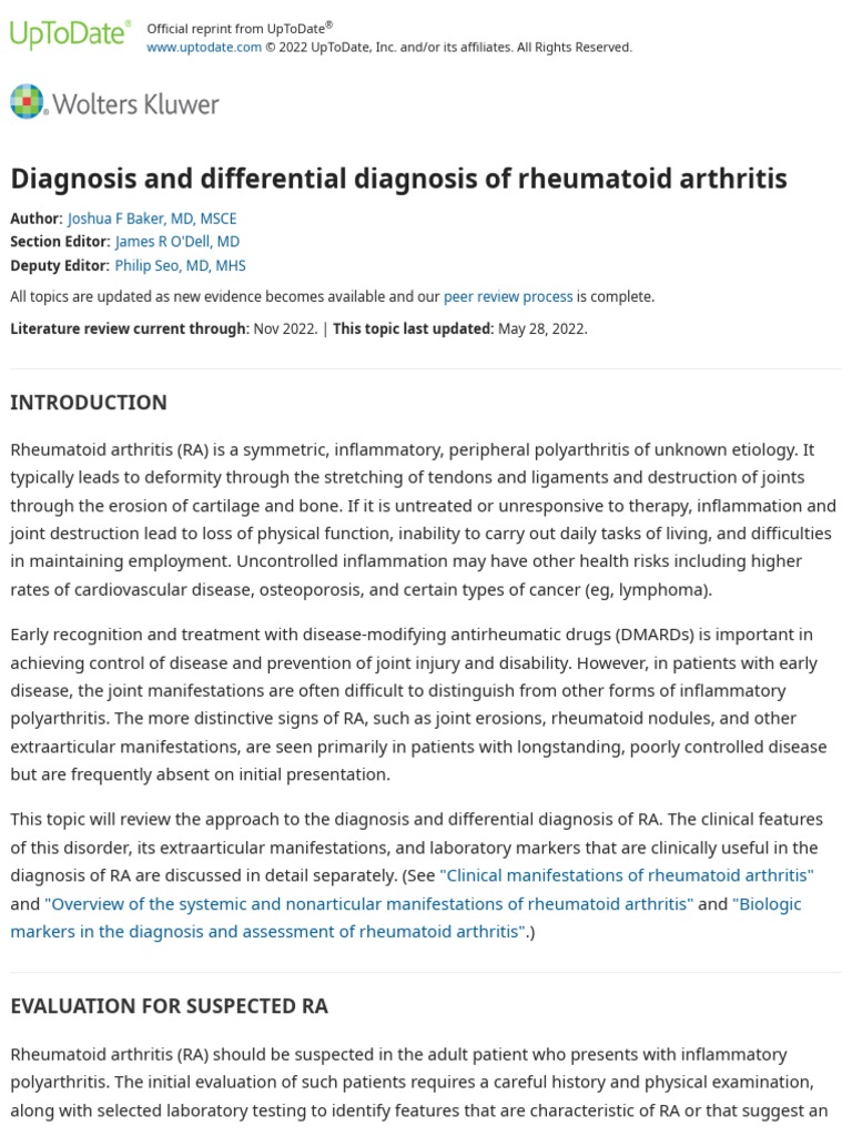 Diagnosis and Differential Diagnosis of Rheumatoid Arthritis UpToDate