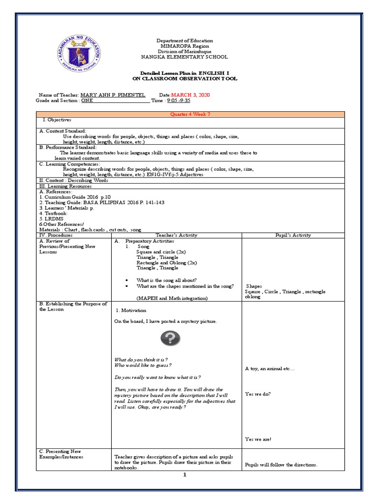 Cot English Describing Words Meann PDF