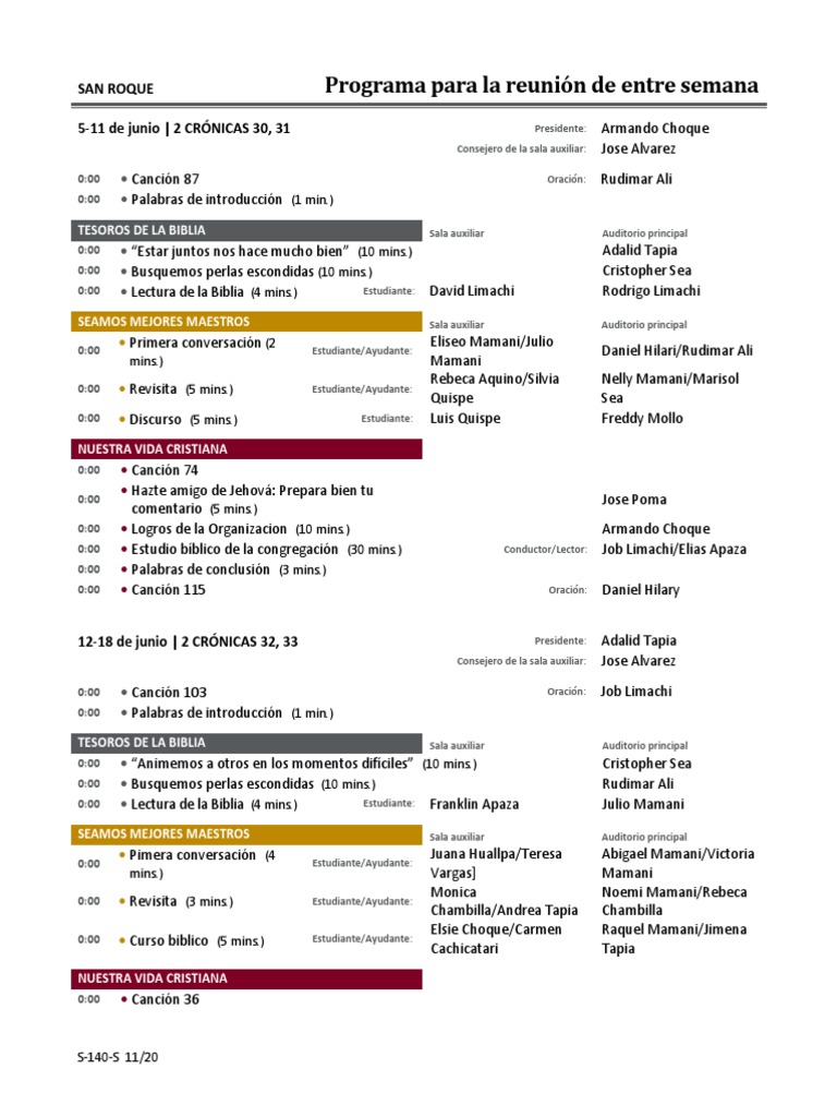 Programa de Reunión Semanal San Roque | PDF