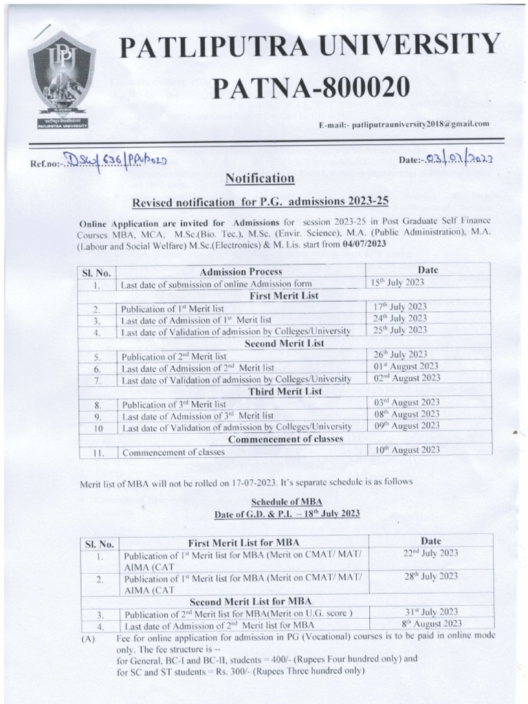 Notification For P.G. Self Finance Admission | PDF