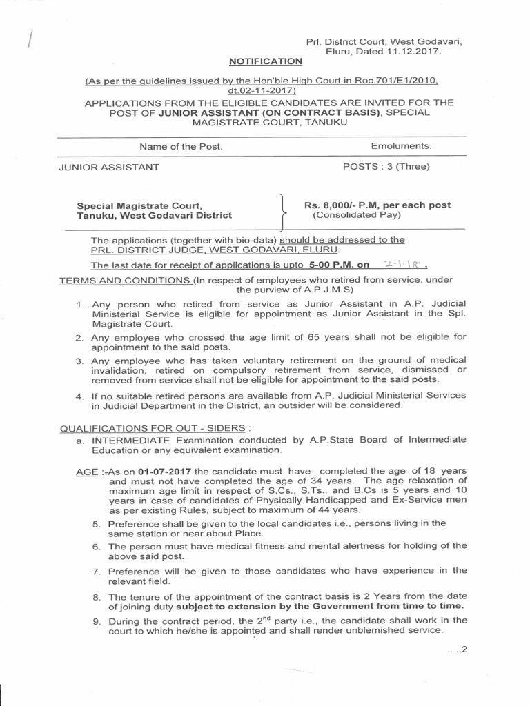 Notification For Junior Assistent On Conrtract Basis | PDF