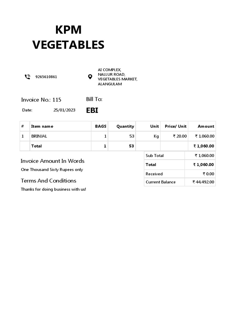 Invoice for Brinjal Purchase - KPM Vegetables | PDF