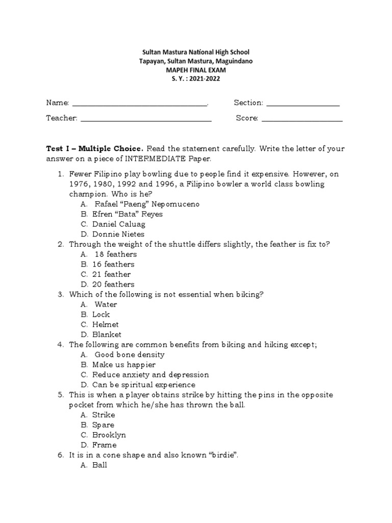 Final Exam | PDF | Games Of Physical Skill | Sports